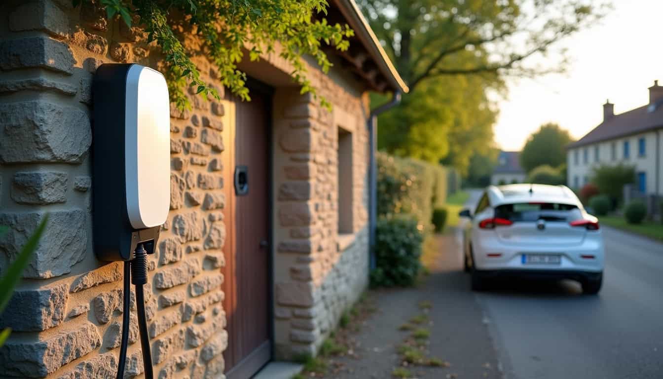 Borne de recharge électrique installée devant un garage à Plumaudan
