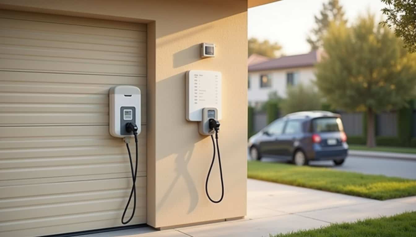 Borne de recharge électrique installée devant un garage avec tableau des coûts associés affiché à côté