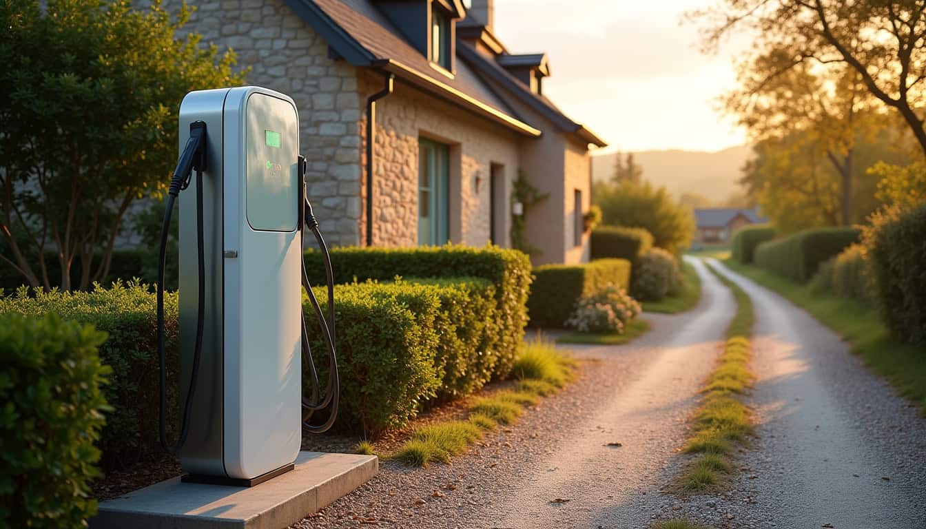 Borne de recharge électrique installée devant un pavillon à Aureil, en milieu rural