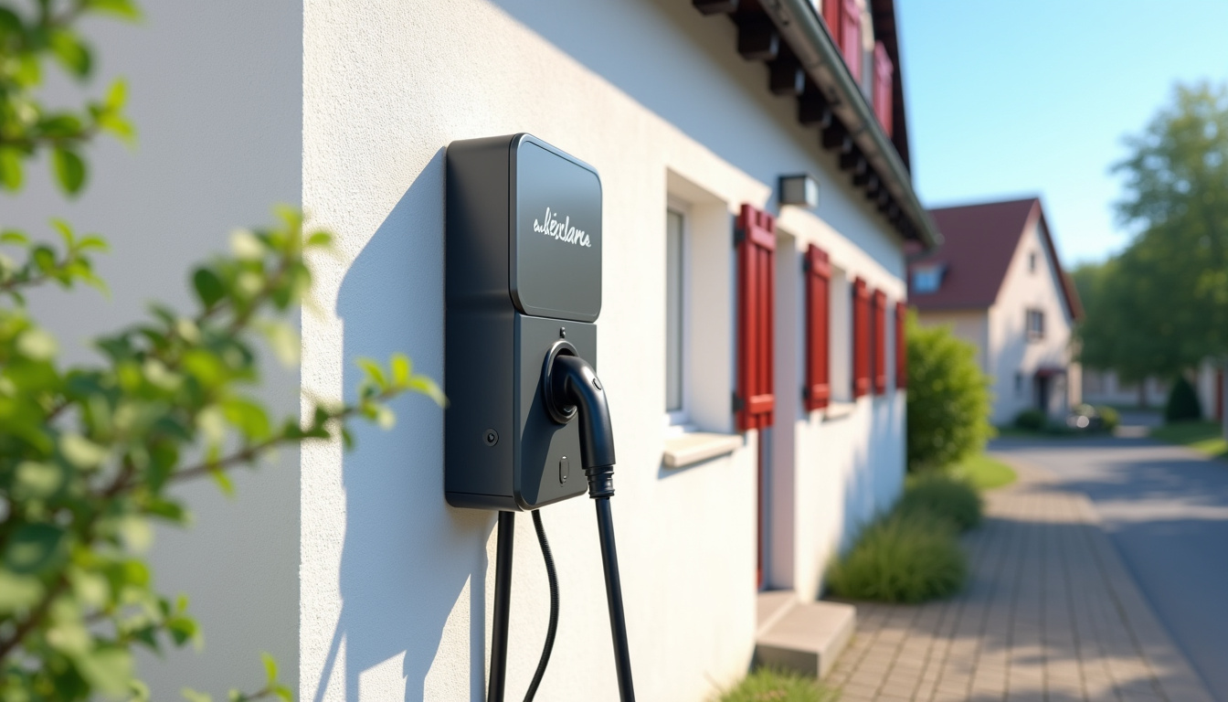 Borne de recharge électrique installée devant un pavillon à Bischoffsheim en journée