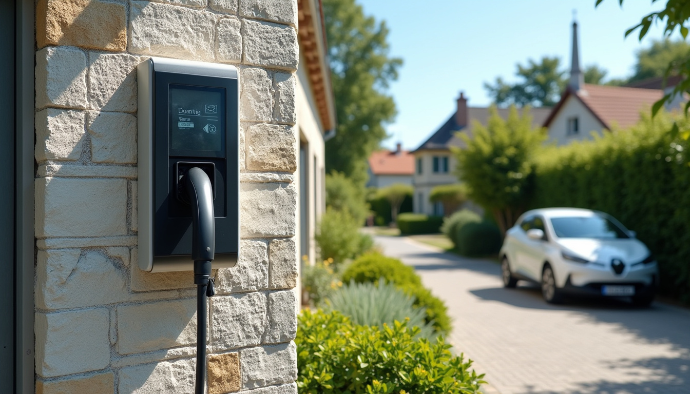 Borne de recharge électrique installée devant un pavillon à Férel, en journée