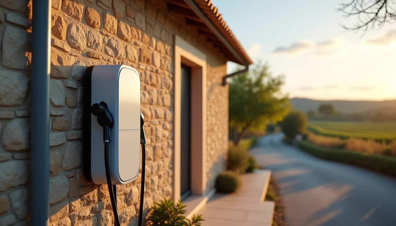 Borne de recharge électrique installée devant un pavillon à Lieuran-lès-Béziers