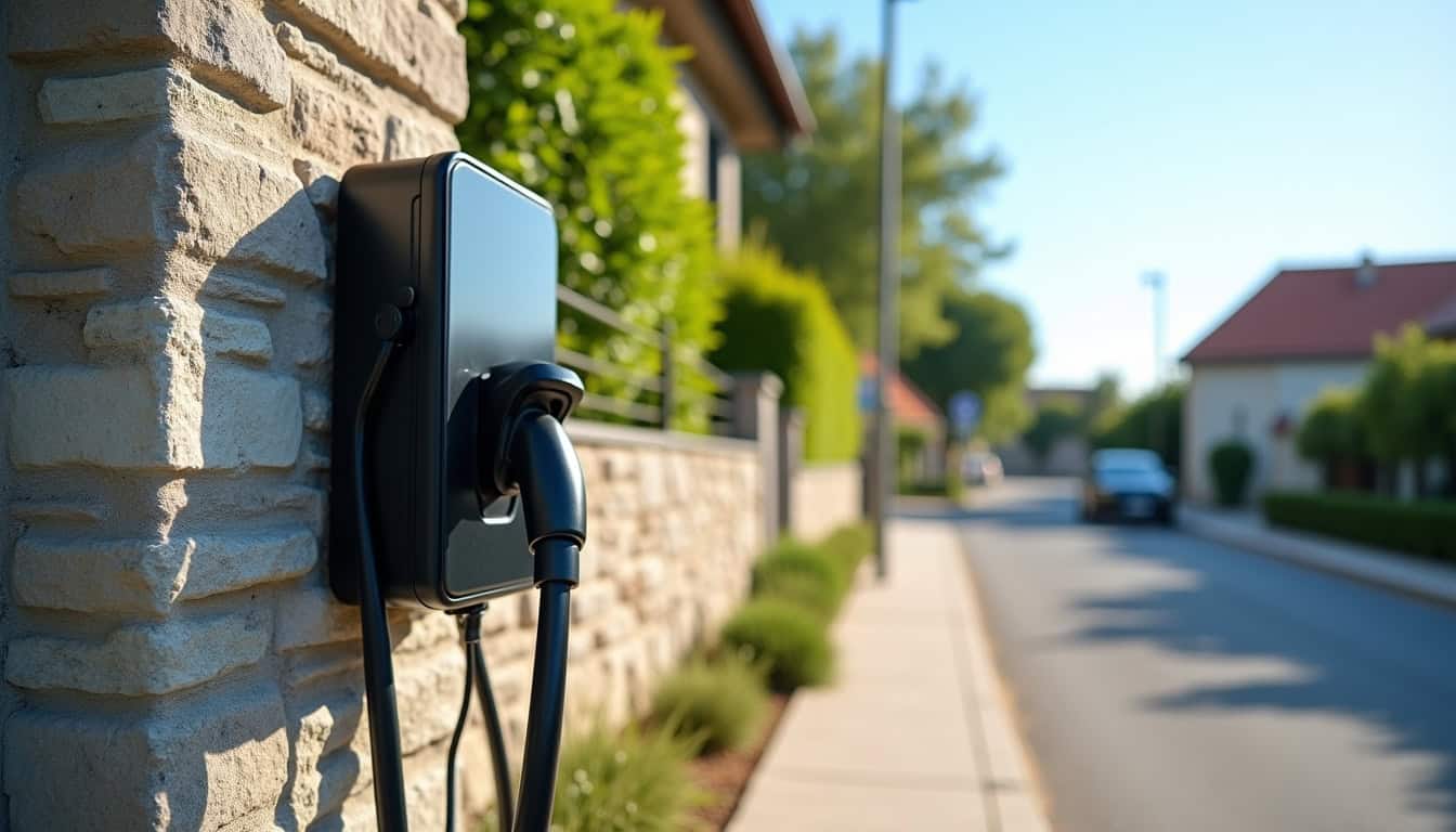 Borne de recharge électrique installée devant un pavillon à Saint-Affrique, en journée