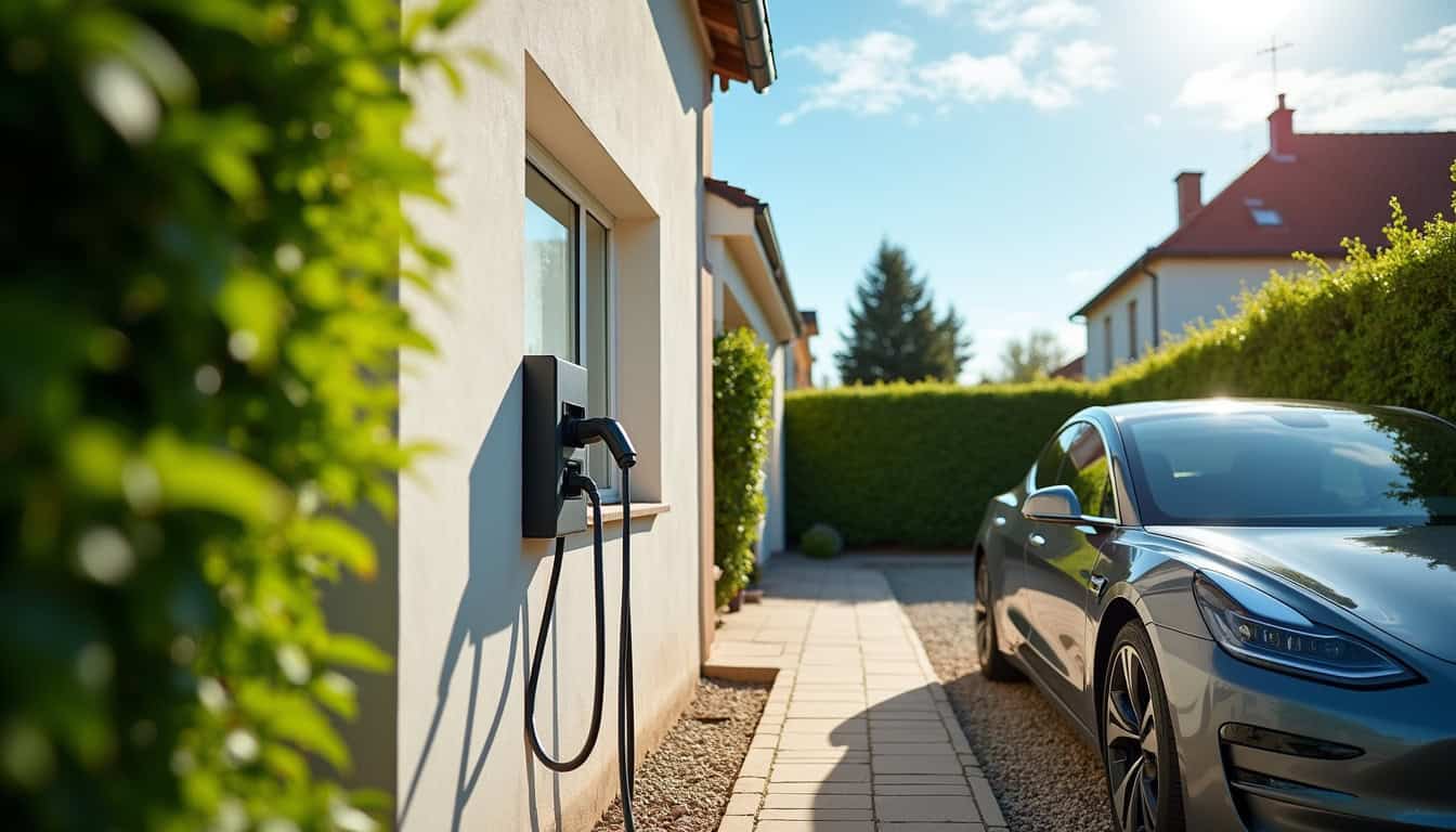 Borne de recharge électrique installée devant un pavillon à Vigneulles-lès-Hattonchâtel en pleine journée