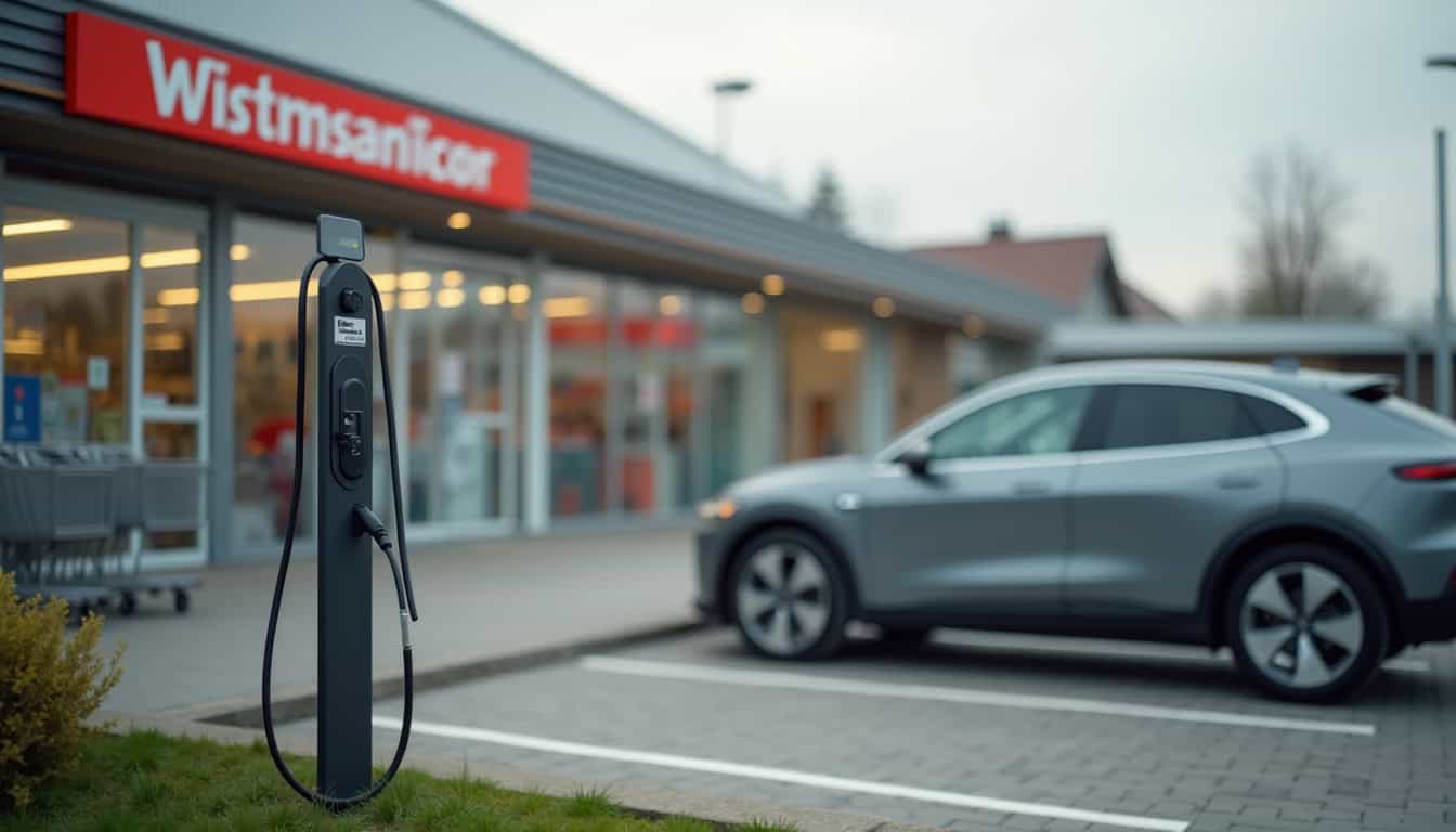 Borne de recharge électrique installée devant un supermarché à Bernay