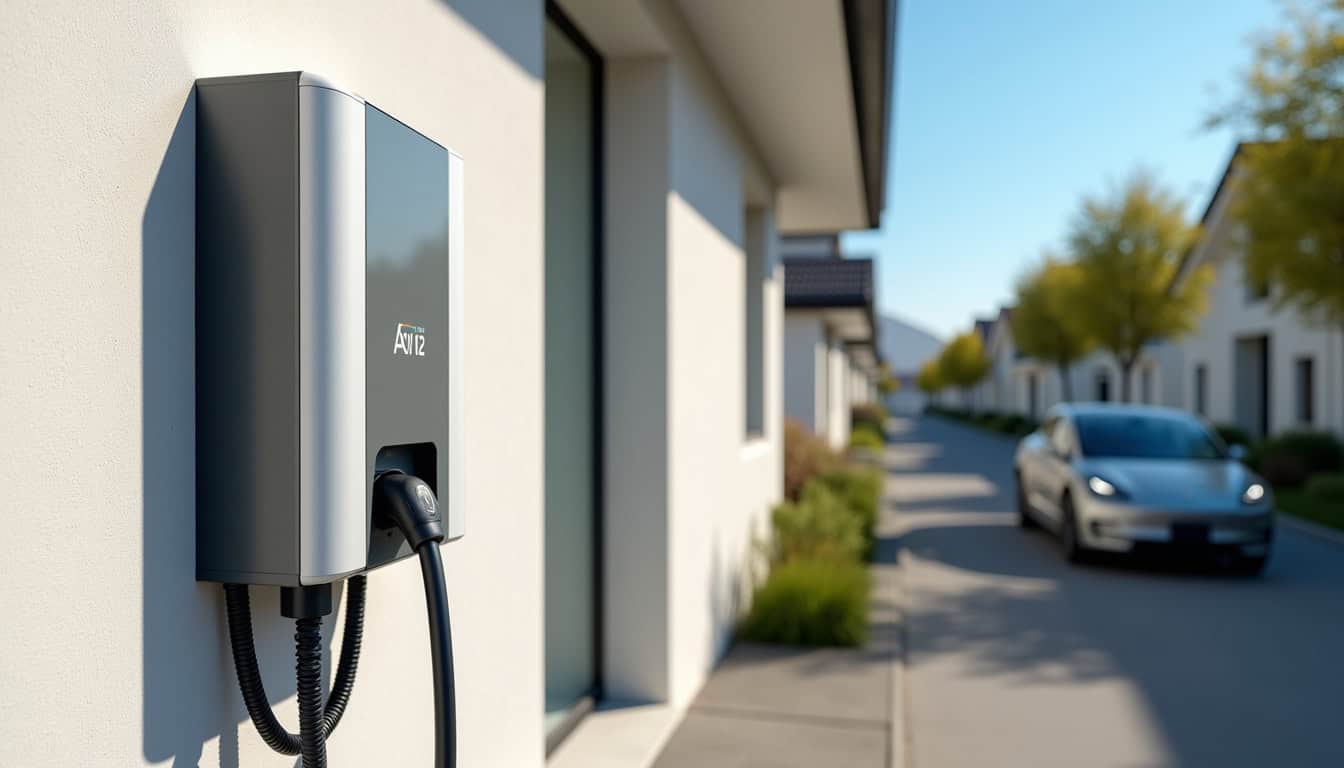 Borne de recharge électrique installée devant une maison à Avion, en journée