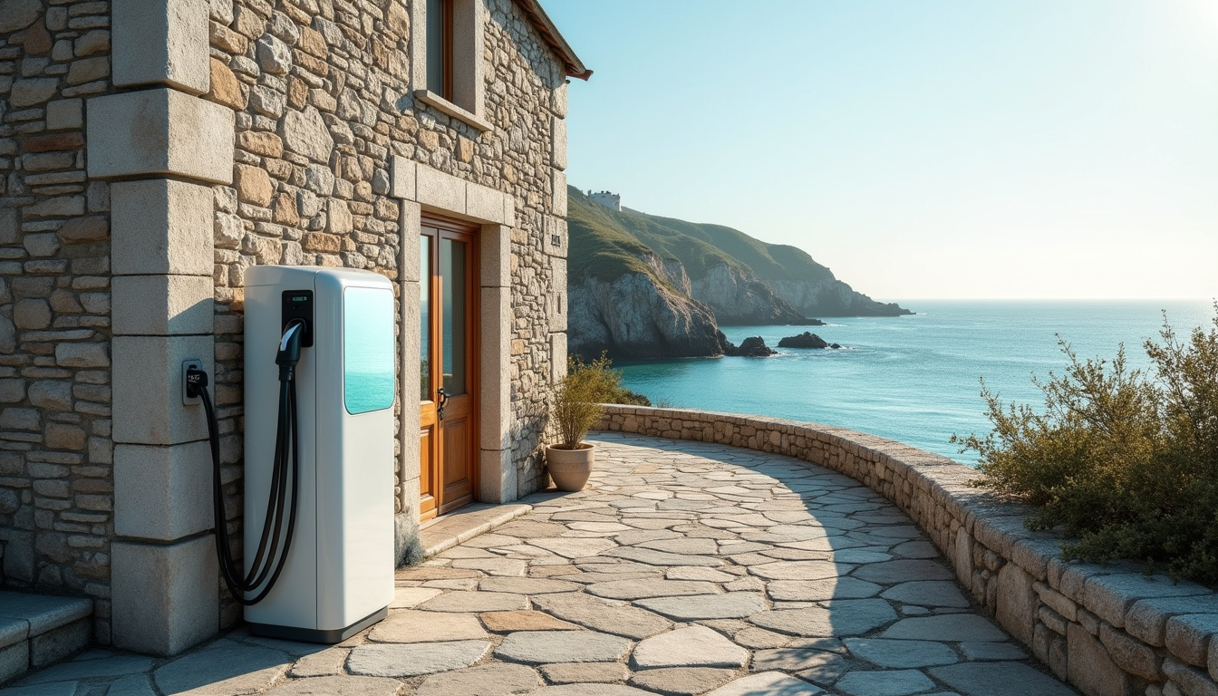 Borne de recharge électrique installée devant une maison à Cancale, bord de mer visible en arrière-plan