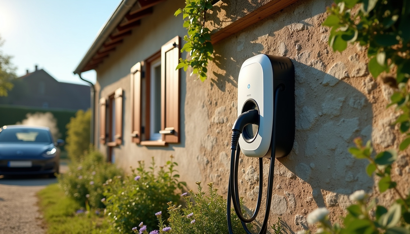 Borne de recharge électrique installée devant une maison à Champagné-les-Marais, en milieu rural