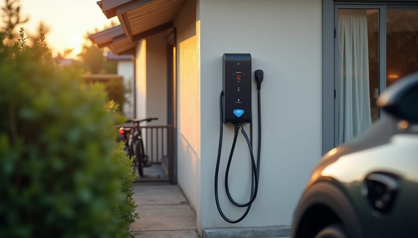 Borne de recharge électrique installée devant une maison à Commentry, illustrant les bénéfices d'une recharge domestique