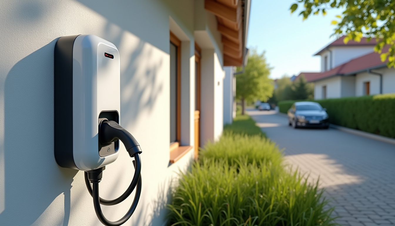 Borne de recharge électrique installée devant une maison à Courpière, vue diurne
