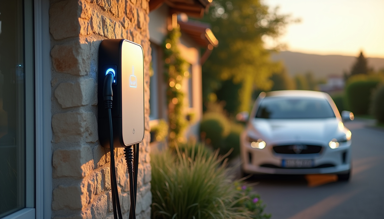 Borne de recharge électrique installée devant une maison à La Valla-en-Gier