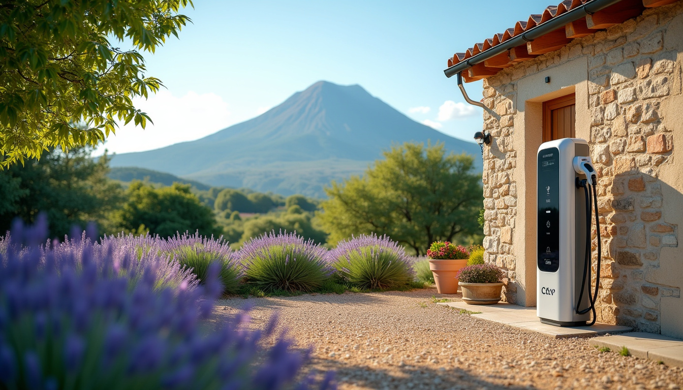 Borne de recharge électrique installée devant une maison à Malaucène, en plein jour avec le Ventoux en arrière-plan