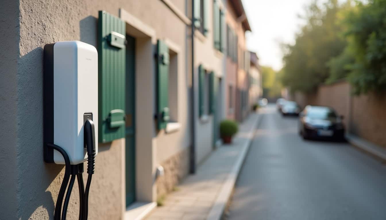 Borne de recharge électrique installée devant une maison à Merpins, en milieu urbain