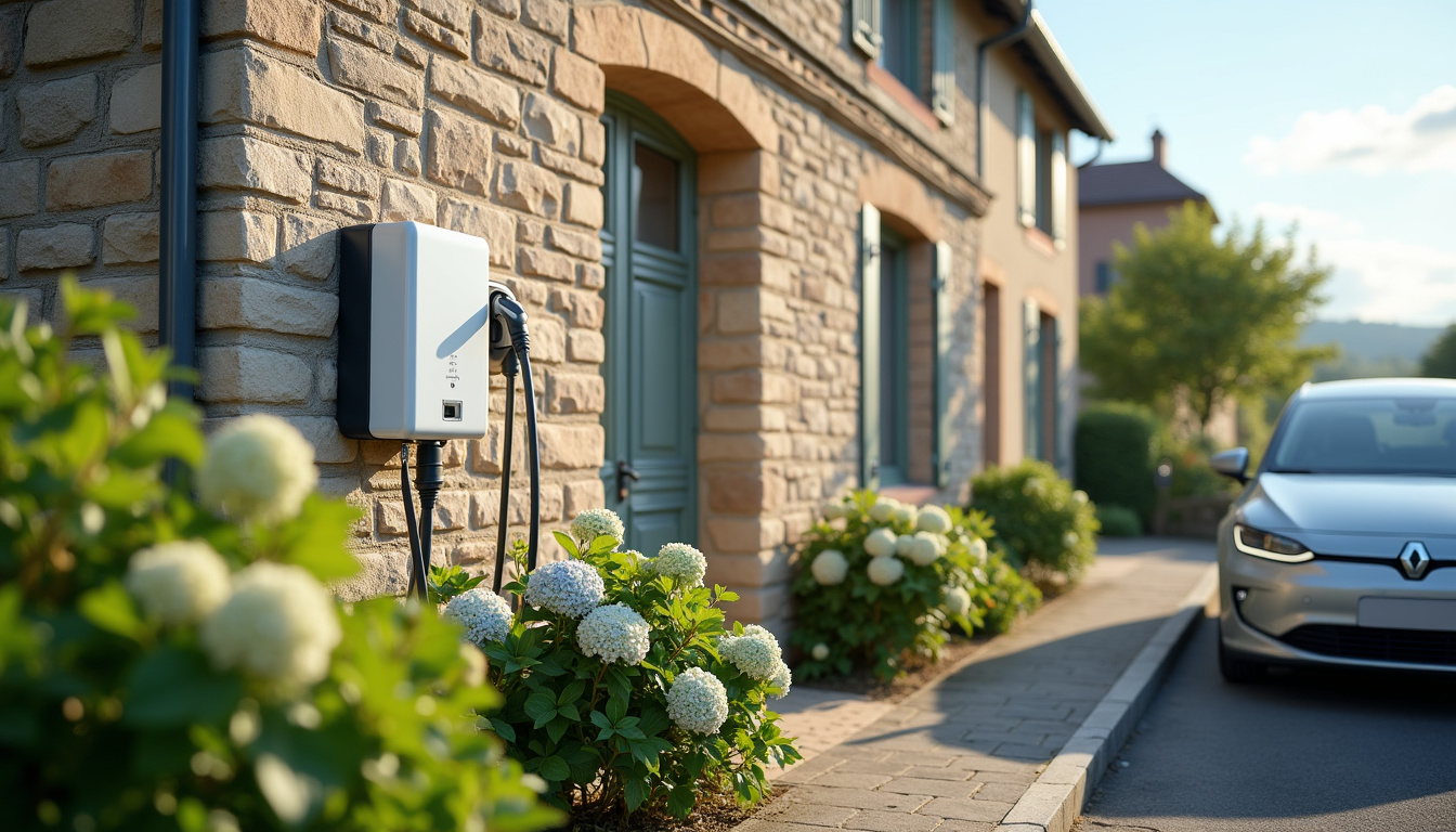 Borne de recharge électrique installée devant une maison à Montauban-de-Bretagne en journée