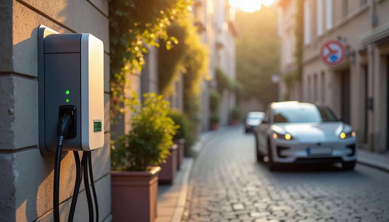 Borne de recharge électrique installée devant une maison à Pusey en milieu urbain