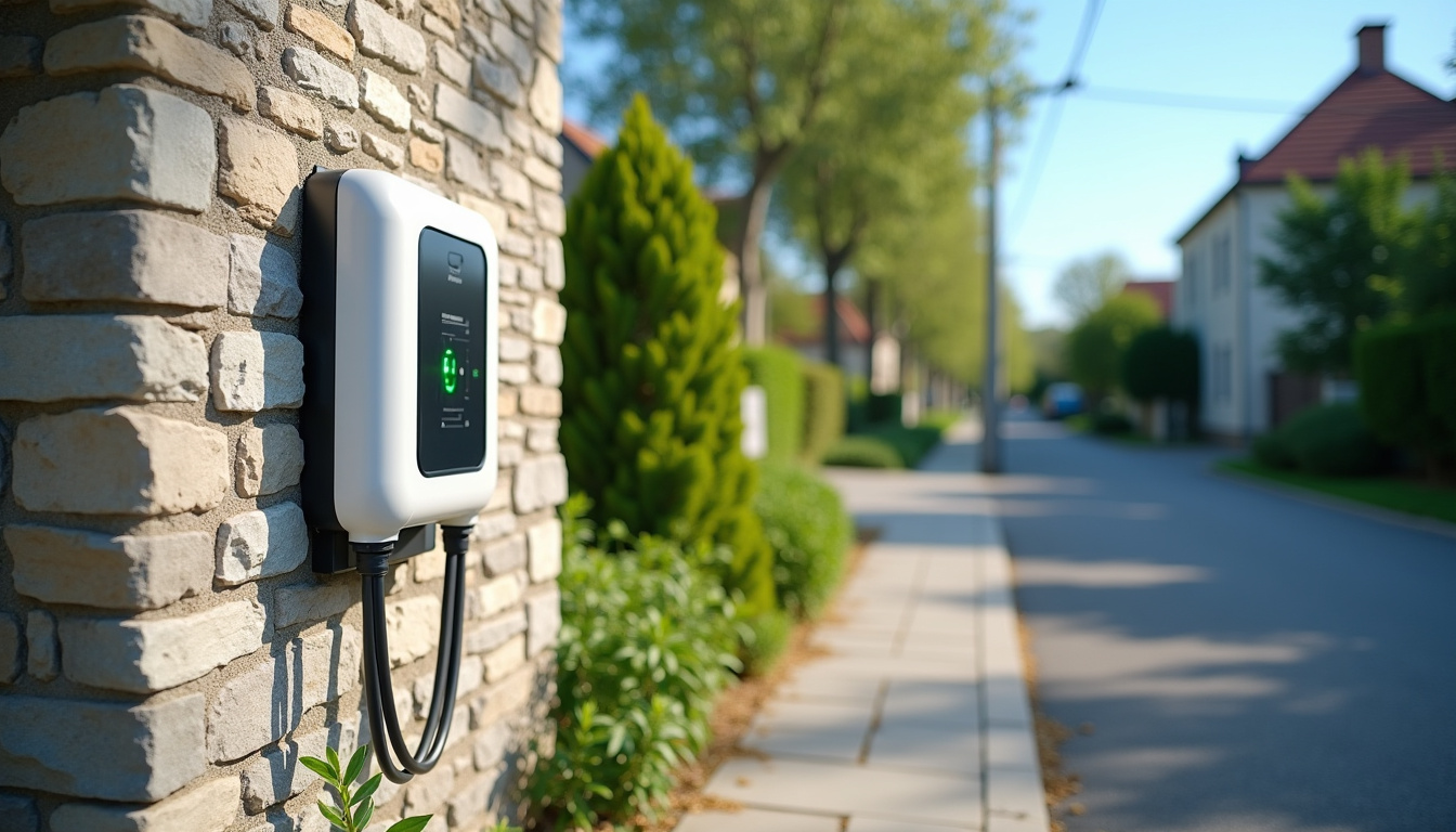 Borne de recharge électrique installée devant une maison à Saint-Médard-de-Guizières en journée