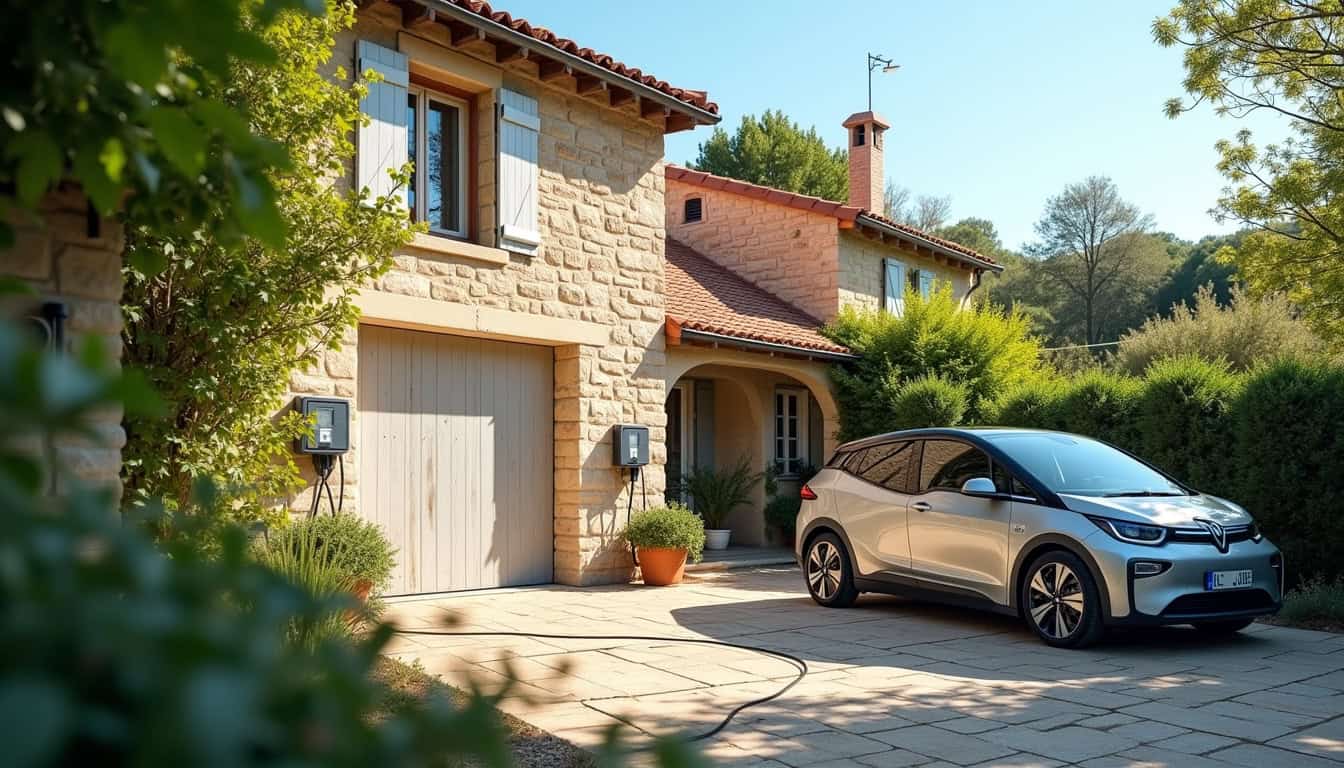Borne de recharge électrique installée devant une maison à Sillans, vue extérieure en journée