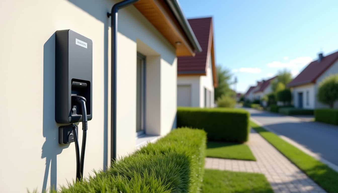 Borne de recharge électrique installée devant une maison à Sochaux, en journée