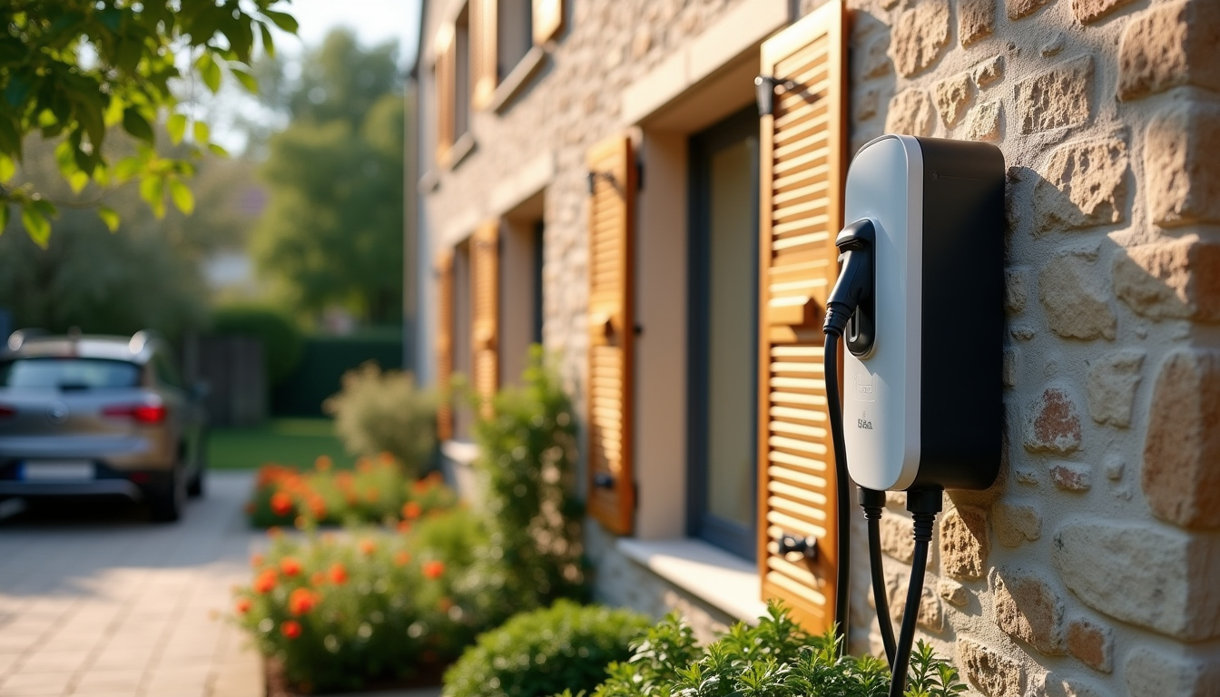 Borne de recharge électrique installée devant une maison avec jardin à Naintré