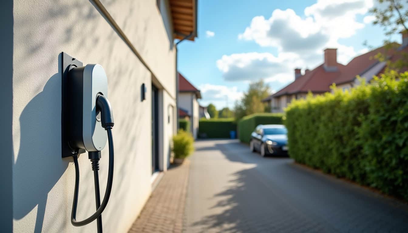 Borne de recharge électrique installée devant une maison en journée à Nogent-le-Phaye
