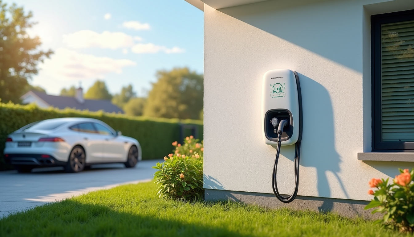 Borne de recharge électrique installée devant une maison en journée