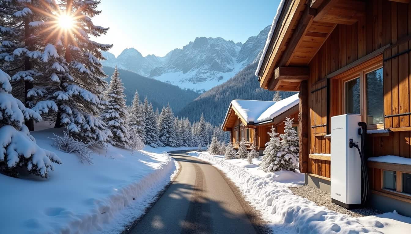 Borne de recharge électrique installée devant une maison en montagne, au Bourg-d'Oisans