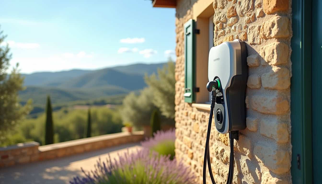Borne de recharge électrique installée devant une maison en Provence, avec vue sur le paysage méditerranéen
