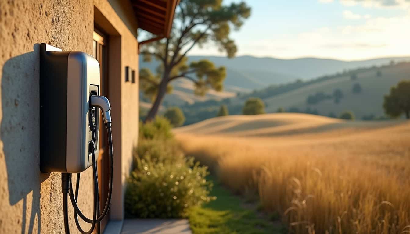 Borne de recharge électrique installée devant une maison en zone rurale avec vue sur les collines