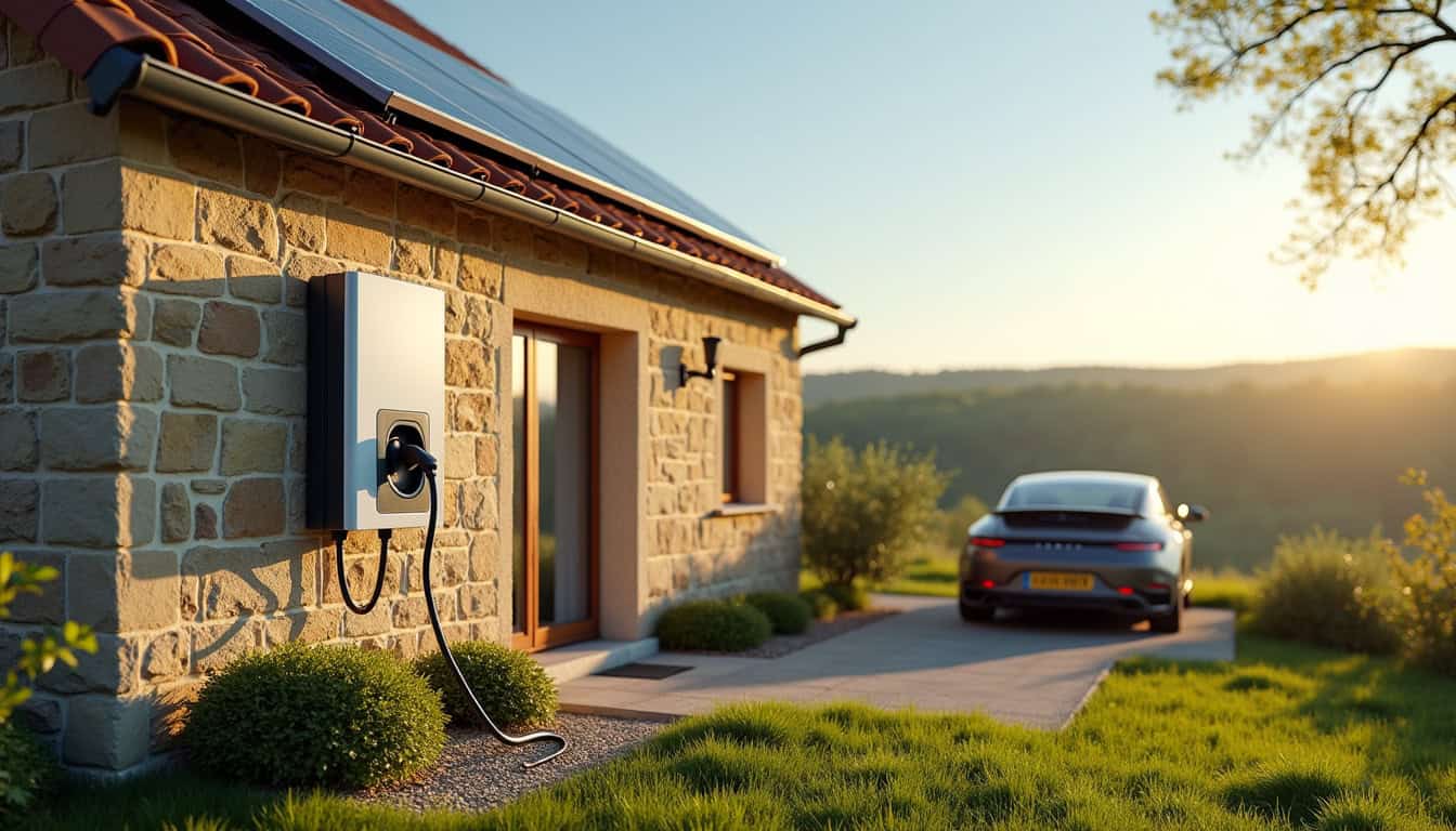 Borne de recharge électrique installée devant une maison équipée de panneaux solaires à Sauveterre-de-Guyenne
