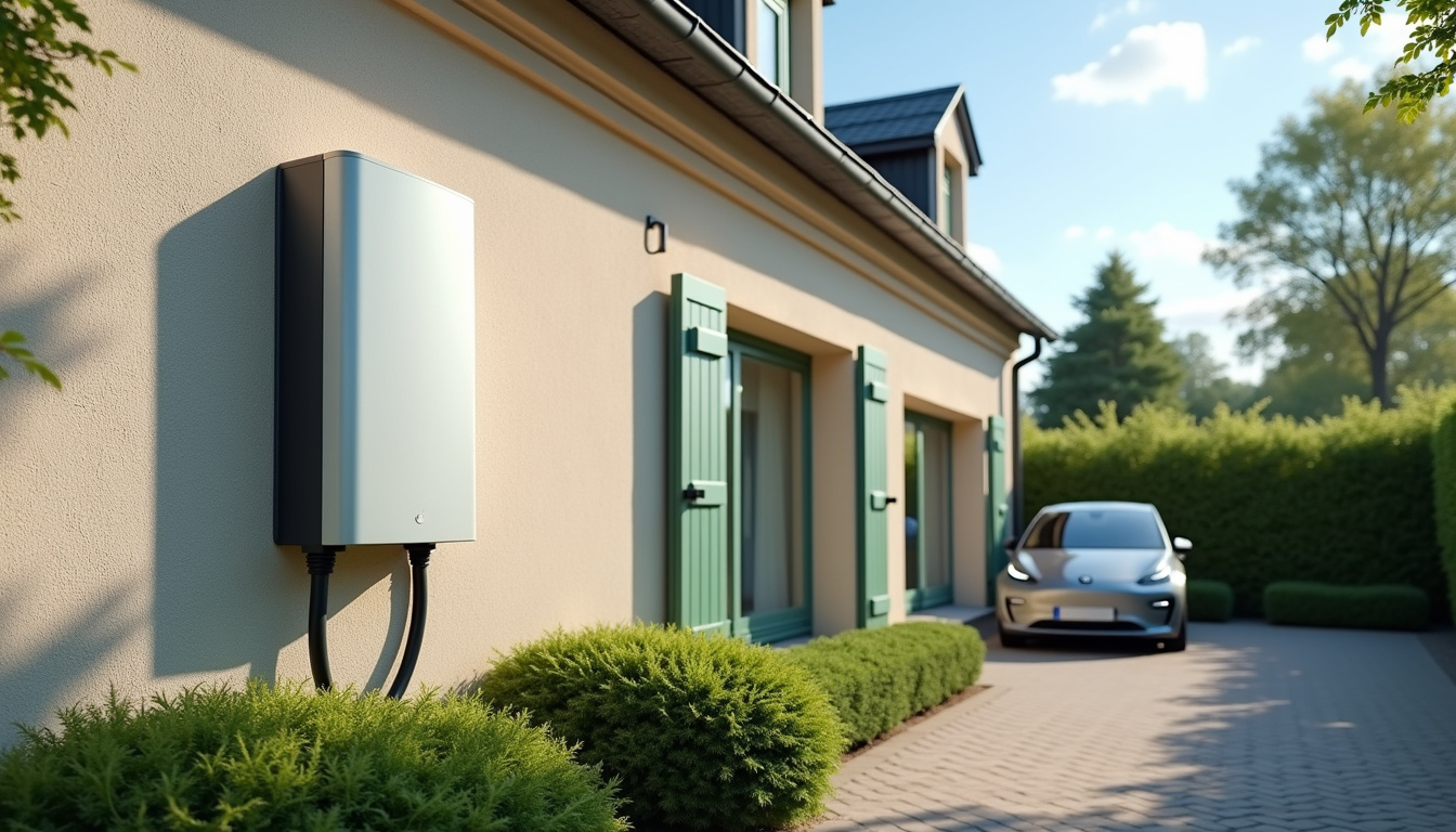 Borne de recharge électrique installée devant une maison individuelle à Beuvry-la-Forêt, en extérieur, vue de jour
