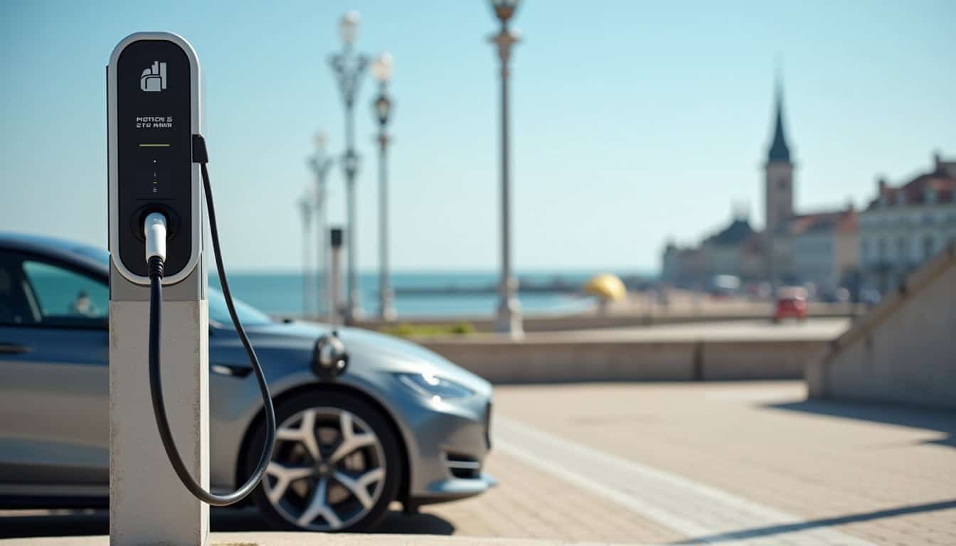 Borne de recharge électrique installée en espace public à Trouville-sur-Mer, avec véhicule en charge