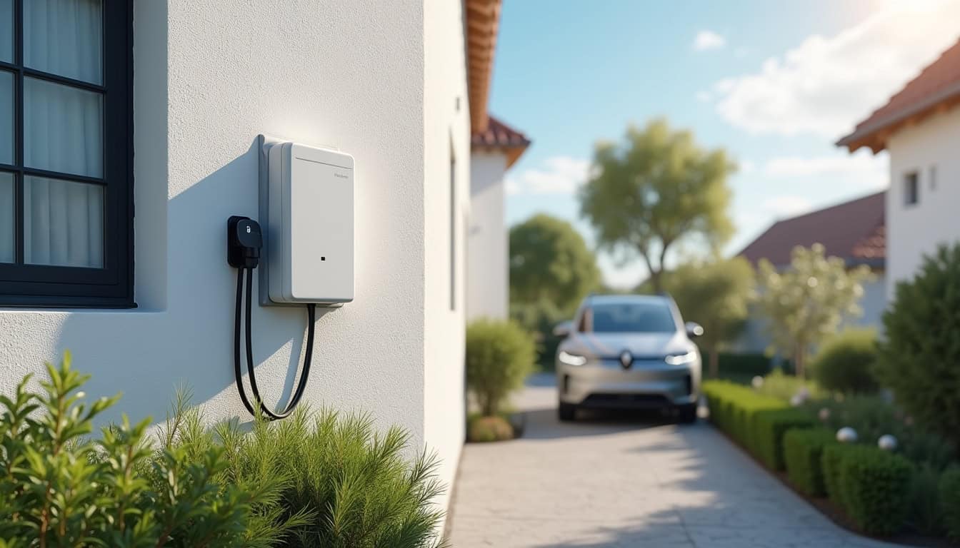 Borne de recharge électrique installée en extérieur à Biganos, en journée, avec un véhicule en cours de charge