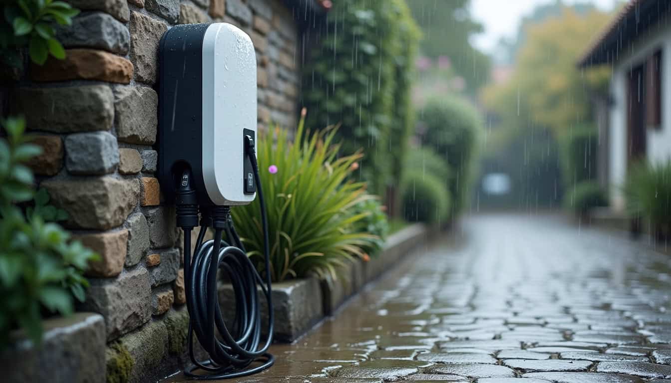 Borne de recharge électrique installée en extérieur à Brasles, en conditions de pluie