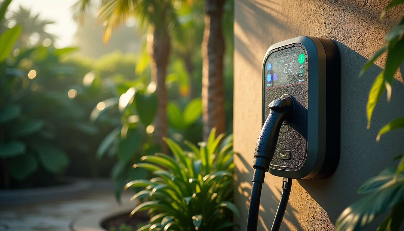 Borne de recharge électrique installée en extérieur à Cayenne, exposée à l'humidité et à la chaleur