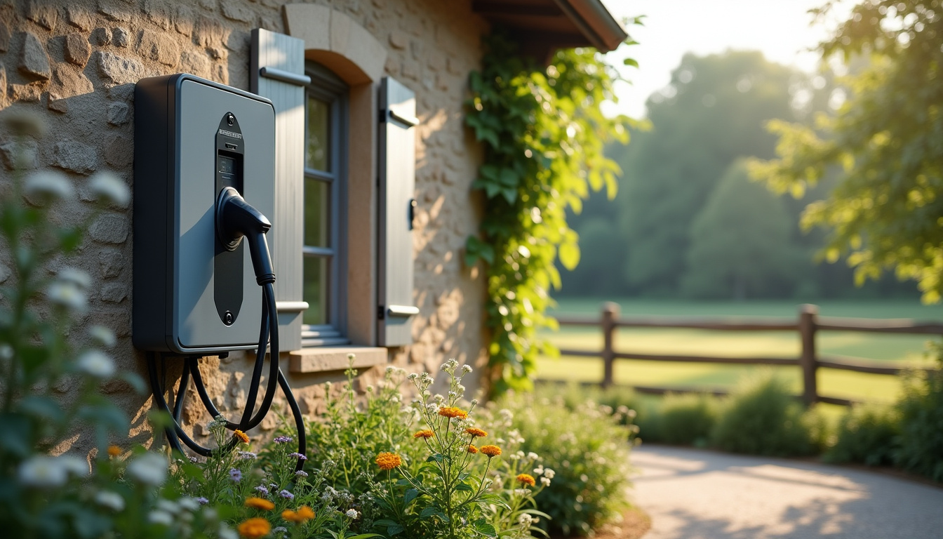 Borne de recharge électrique installée en extérieur à Chindrieux, fixée sur un mur extérieur