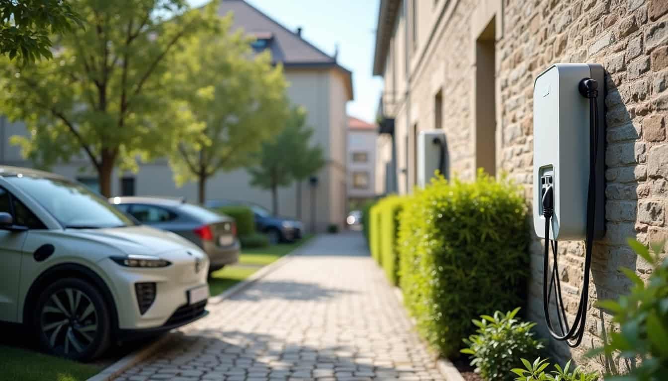 Borne de recharge électrique installée en extérieur à Fontenay-sous-Bois, vue de jour