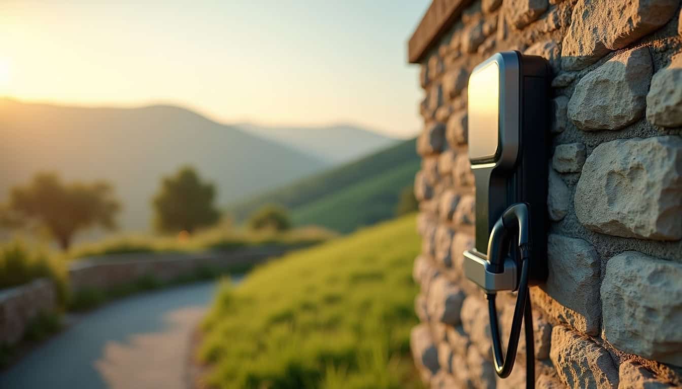 Borne de recharge électrique installée en extérieur à Les Adrets, fixée sur un mur en pierre avec vue sur les collines environnantes