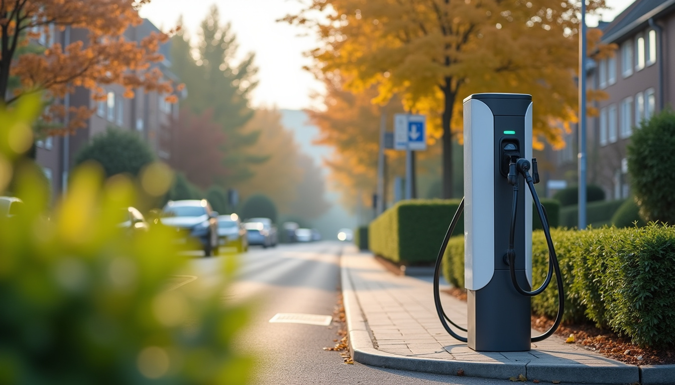 Borne de recharge électrique installée en extérieur à Marlenheim, rue paisible avec panneau indicateur