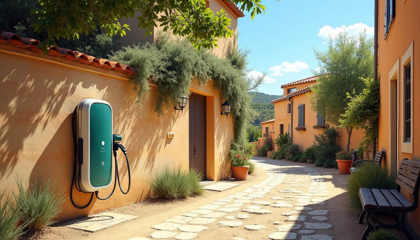 Borne de recharge électrique installée en extérieur à Opoul-Périllos pendant la journée