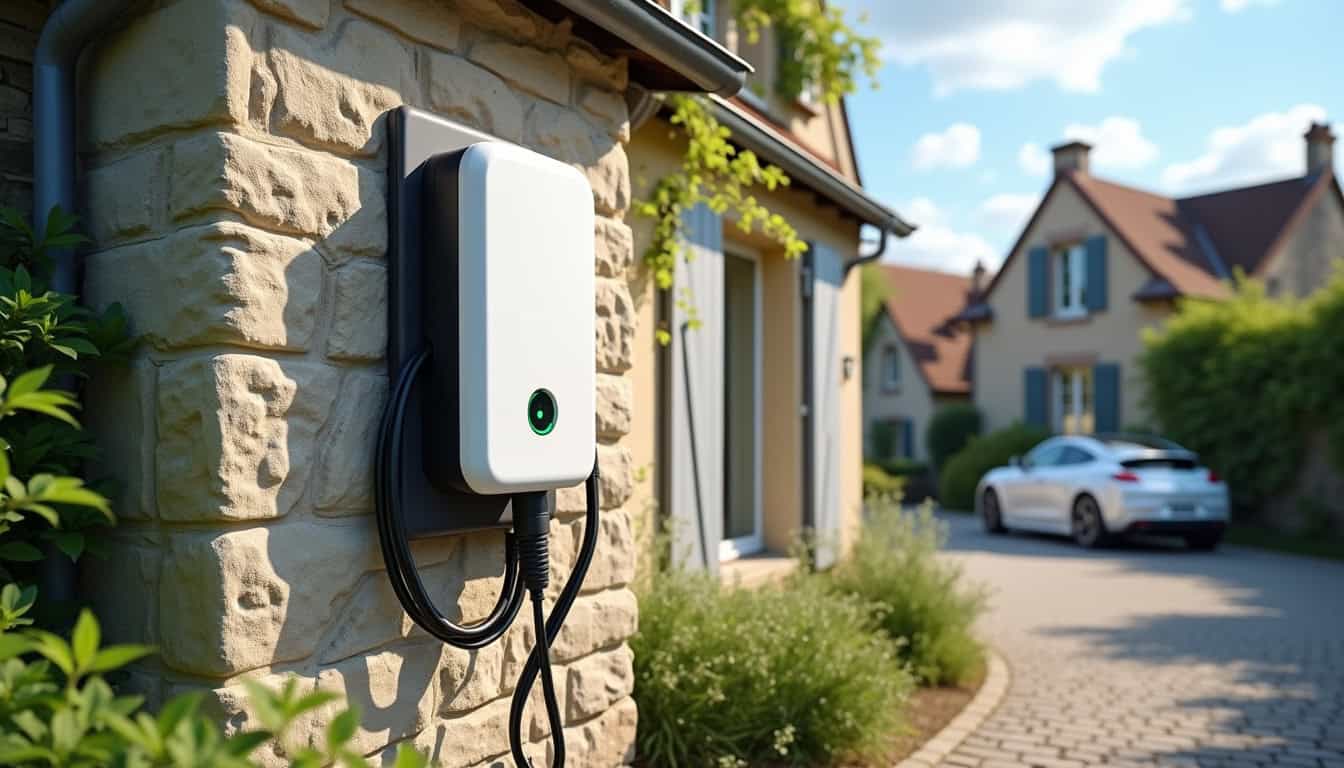 Borne de recharge électrique installée en extérieur à Saint-Pierre-de-Bœuf, vue de jour