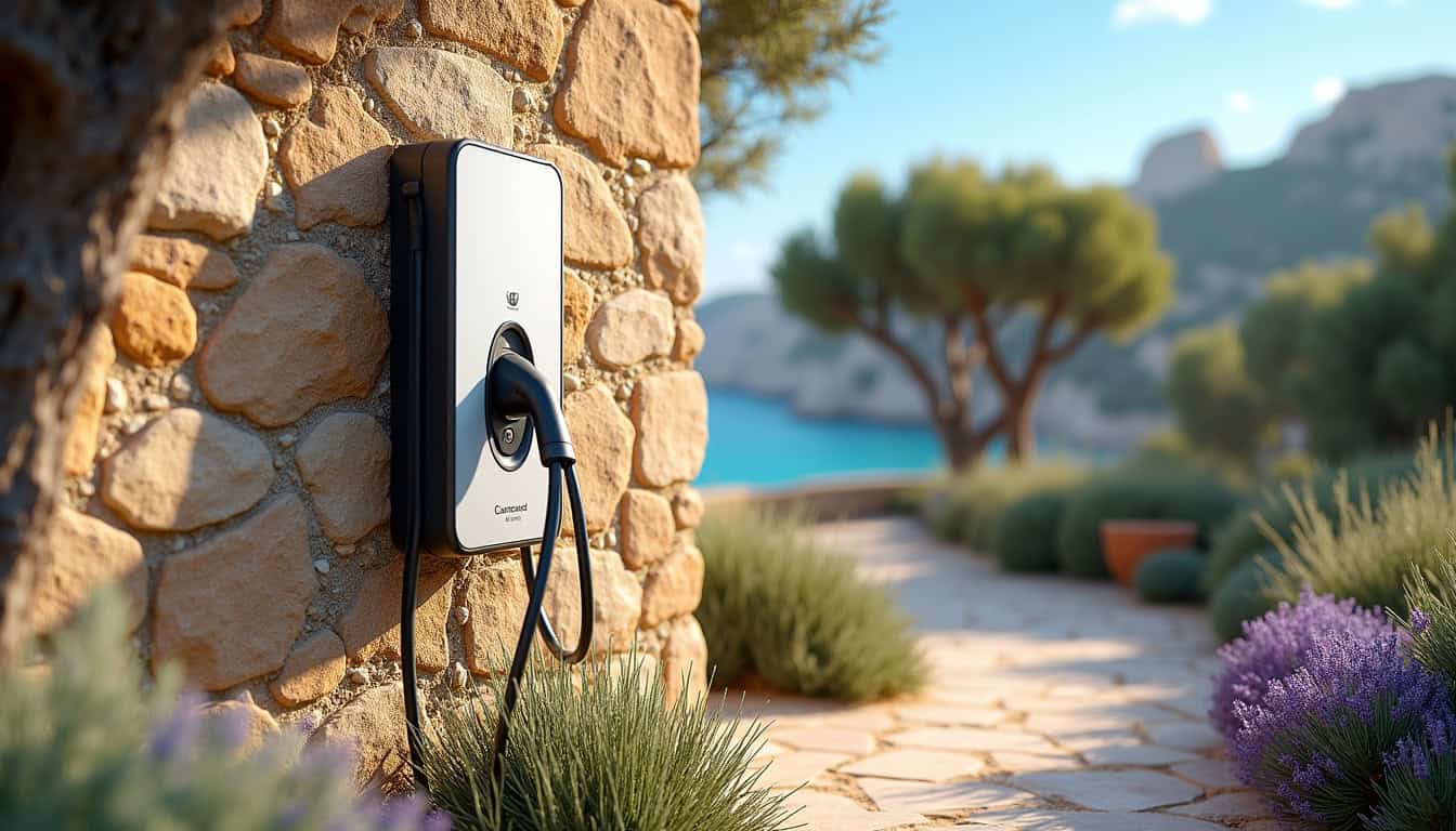 Borne de recharge électrique installée en extérieur dans un environnement méditerranéen en Haute-Corse