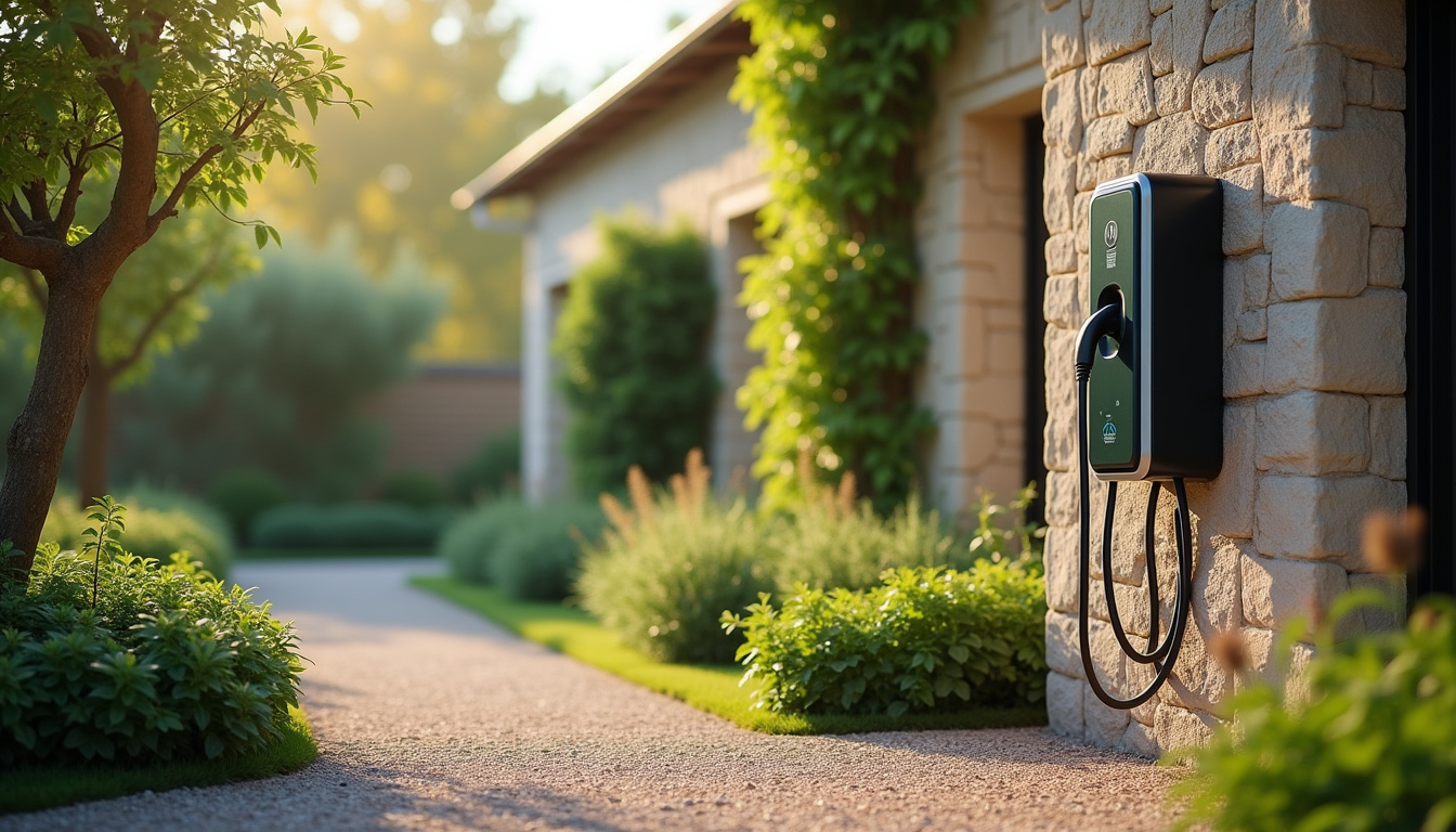 Borne de recharge électrique installée en extérieur dans un jardin à Malauzat