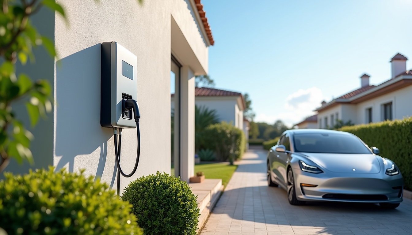 Borne de recharge électrique installée en extérieur dans une résidence à Esnandes, vue de jour