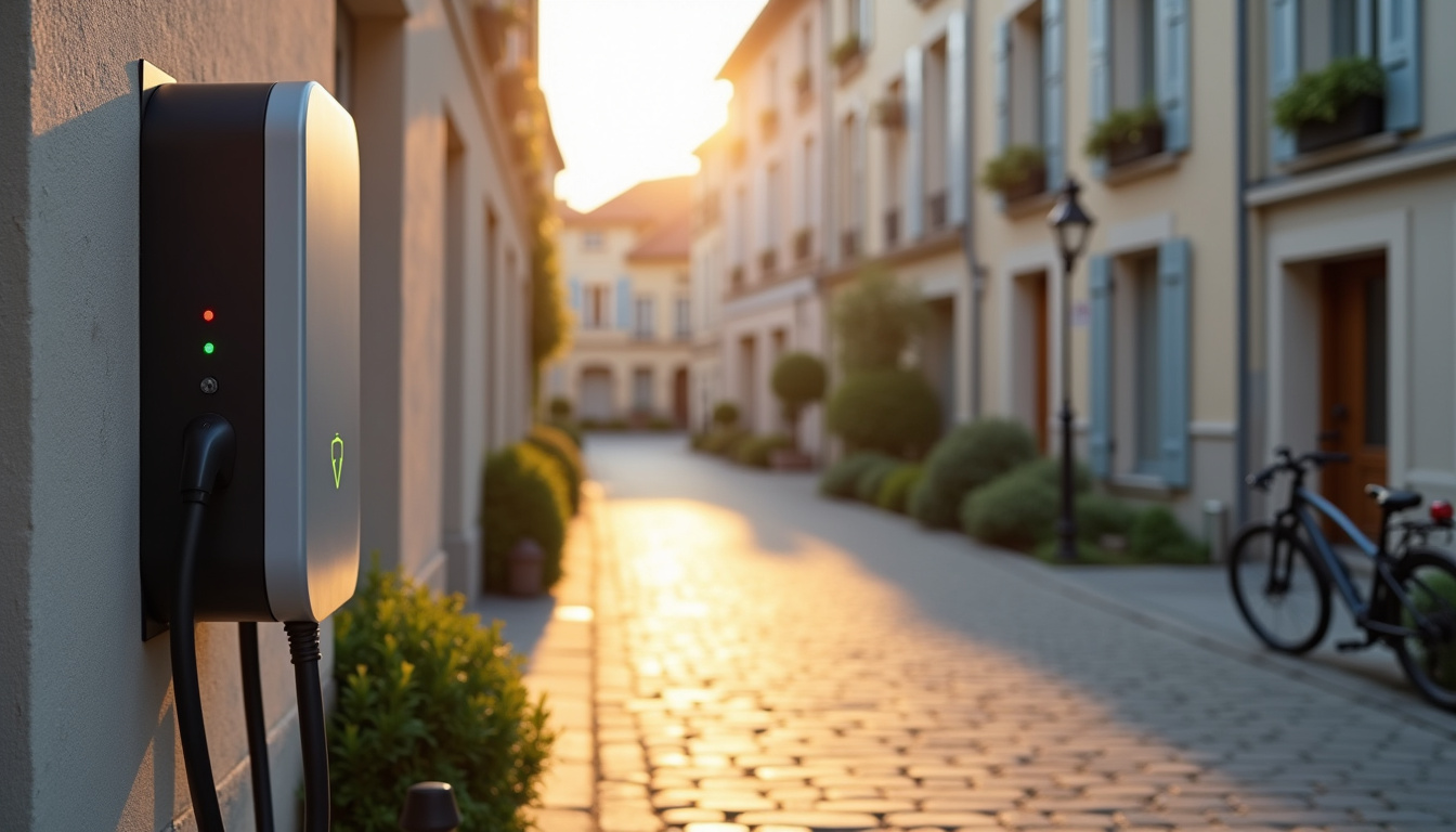 Borne de recharge électrique installée en extérieur dans une rue d’Auneuil