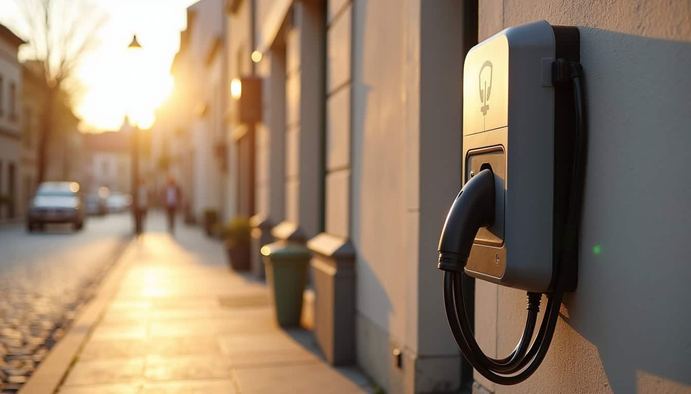 Borne de recharge électrique installée en extérieur dans une rue d'Étaples