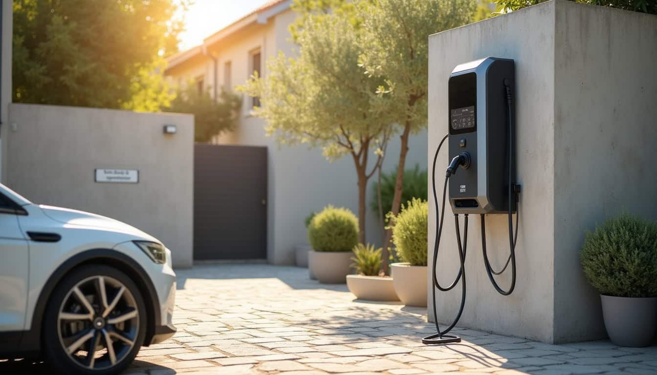 Borne de recharge électrique installée en extérieur sur un parking privé à Saint-André-de-Roquelongue