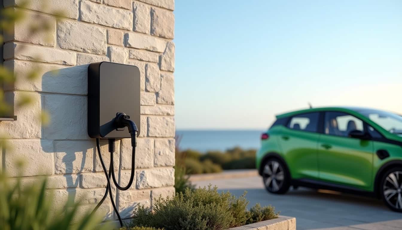 Borne de recharge électrique installée en extérieur sur une façade de maison à Taulé