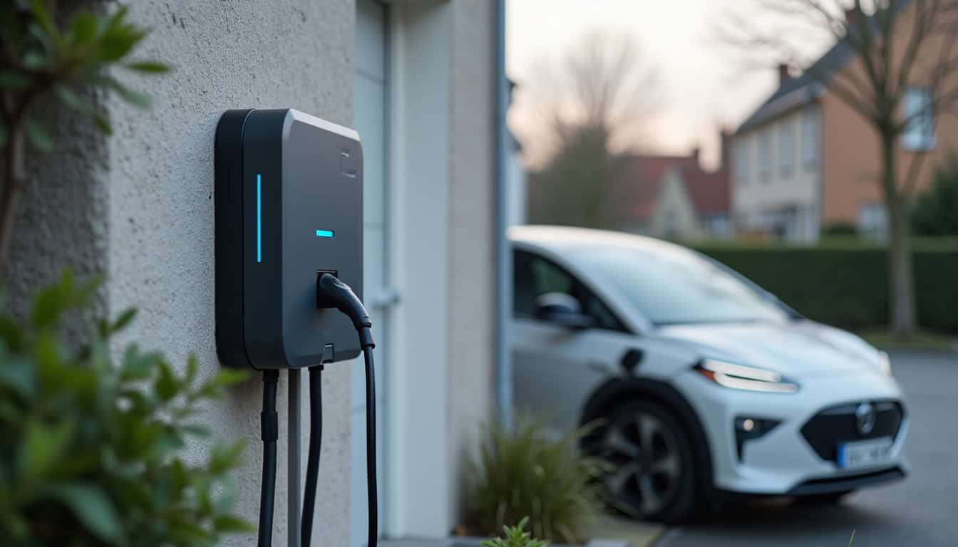 Borne de recharge électrique installée en extérieur sur une place de stationnement privé à Sainte-Luce-sur-Loire