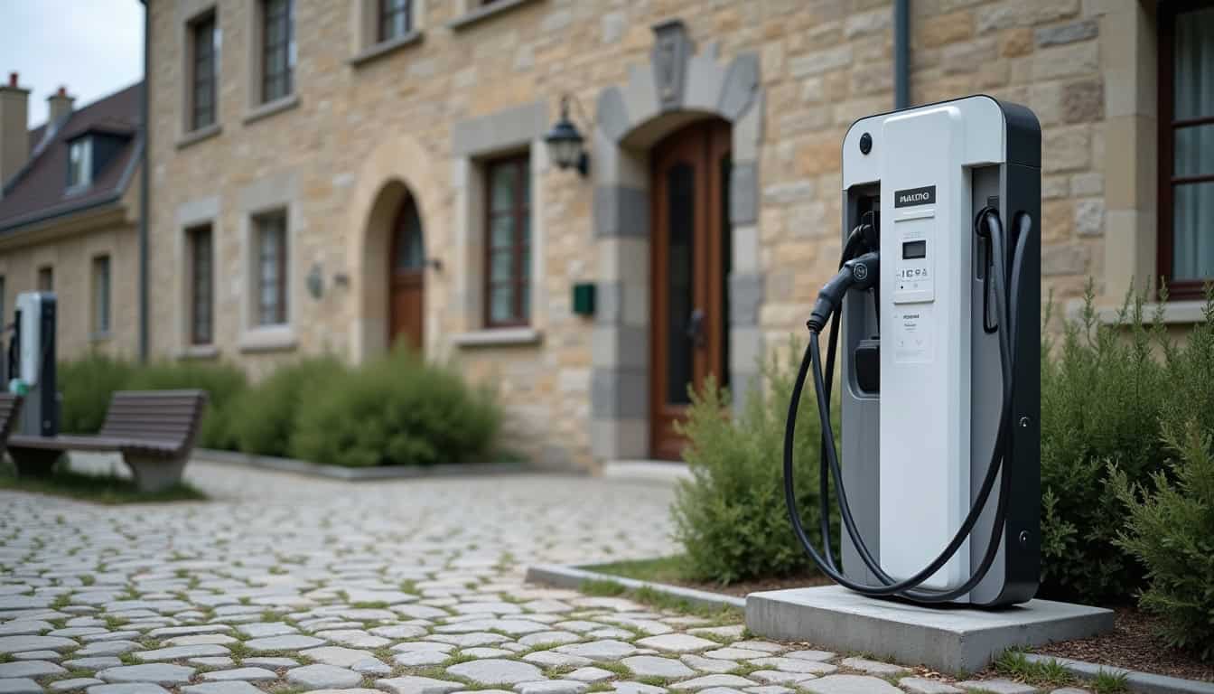 Borne de recharge électrique installée en extérieur sur une place publique à Pouancé