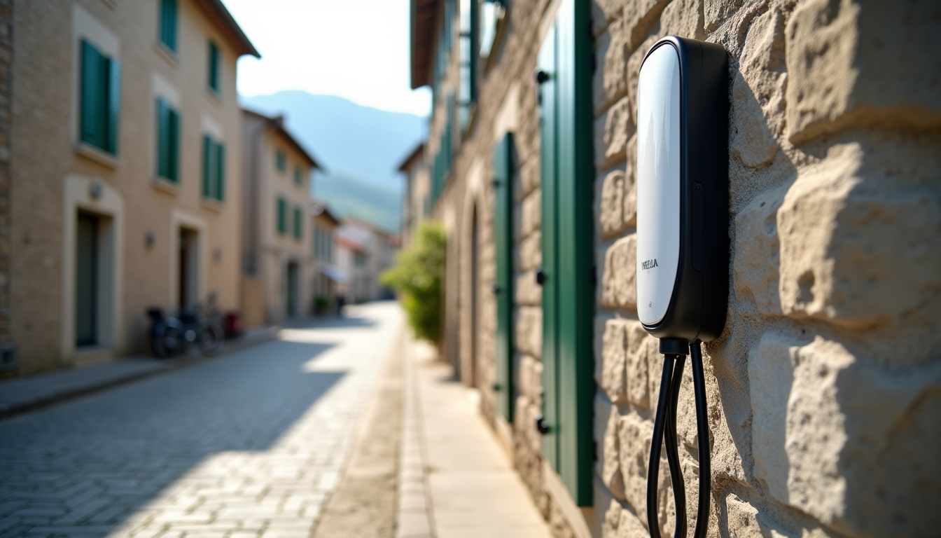 Borne de recharge électrique installée en extérieur sur une rue d’Aurillac